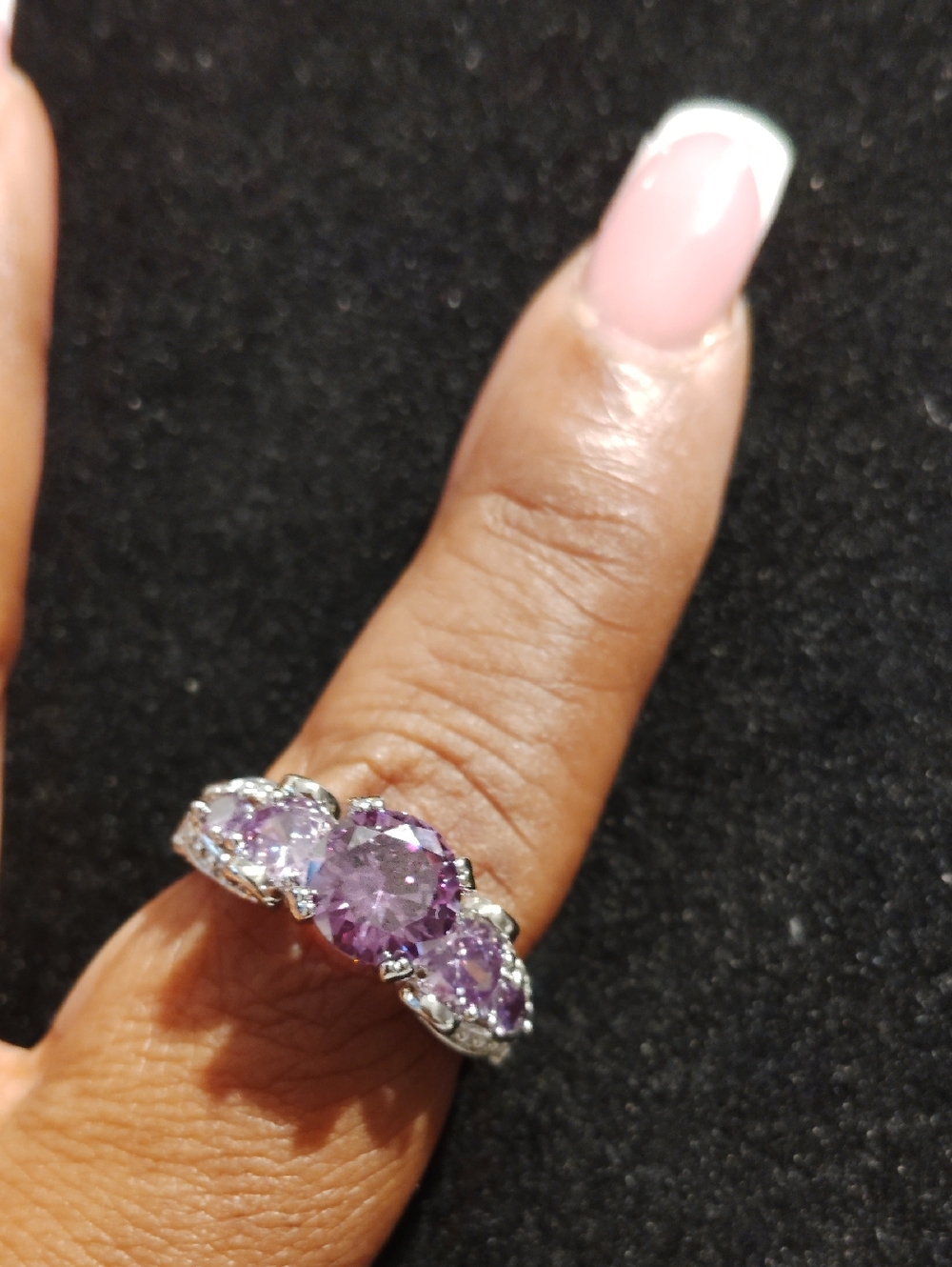 Purple Three-Stone Silver Ring - Elegant Sparkle